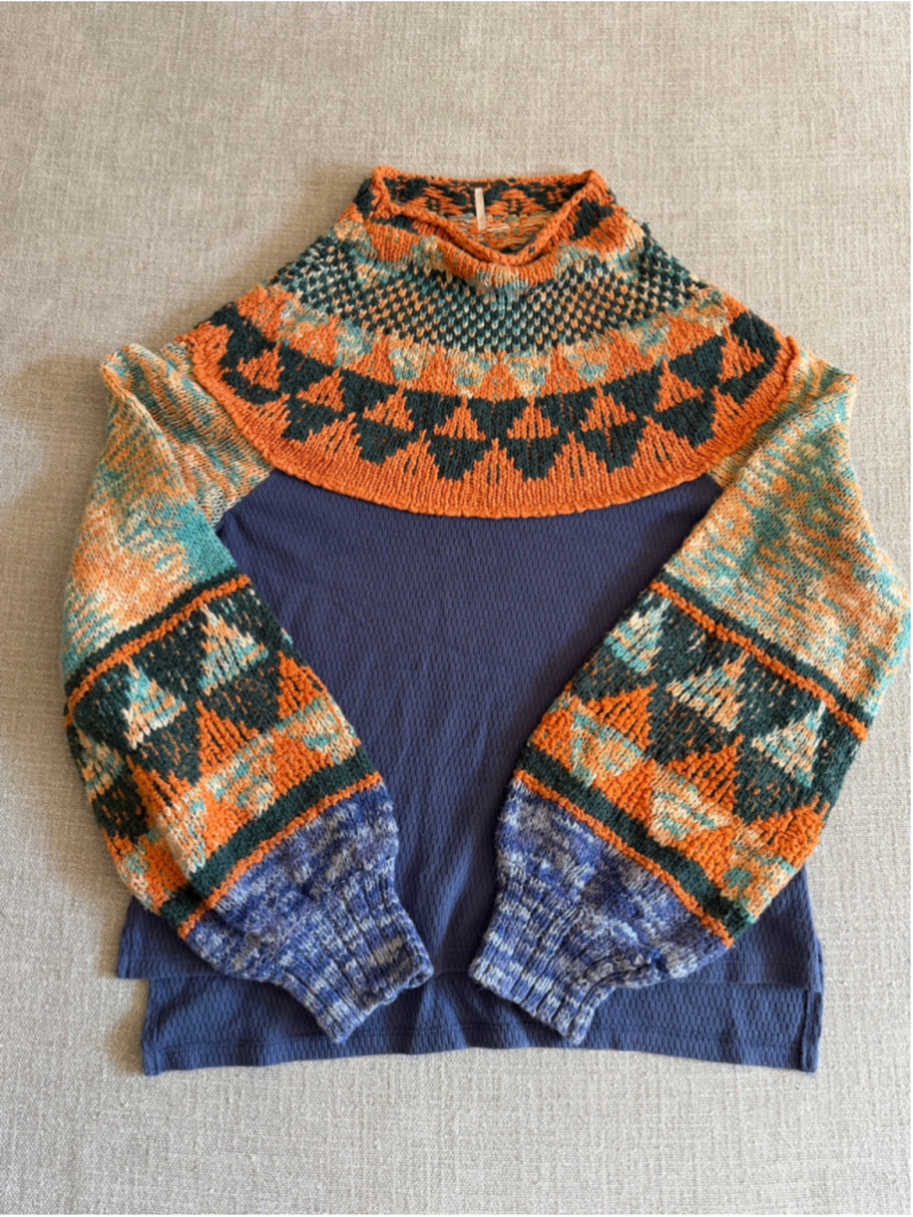 Free People Swit The Small Stuff Mock Neck Top Navy fair isle Combo woman’s XL - Picture 2 of 11